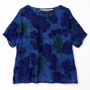 Beaded Artsy Funky Grannycore Blue Floral Oversized Top Teal Poetcore